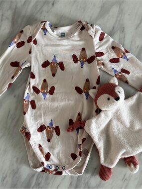 Baby Long-Sleeve Bodysuit + Soft Flat Squirrel Doudou Blanket (74-80cm)